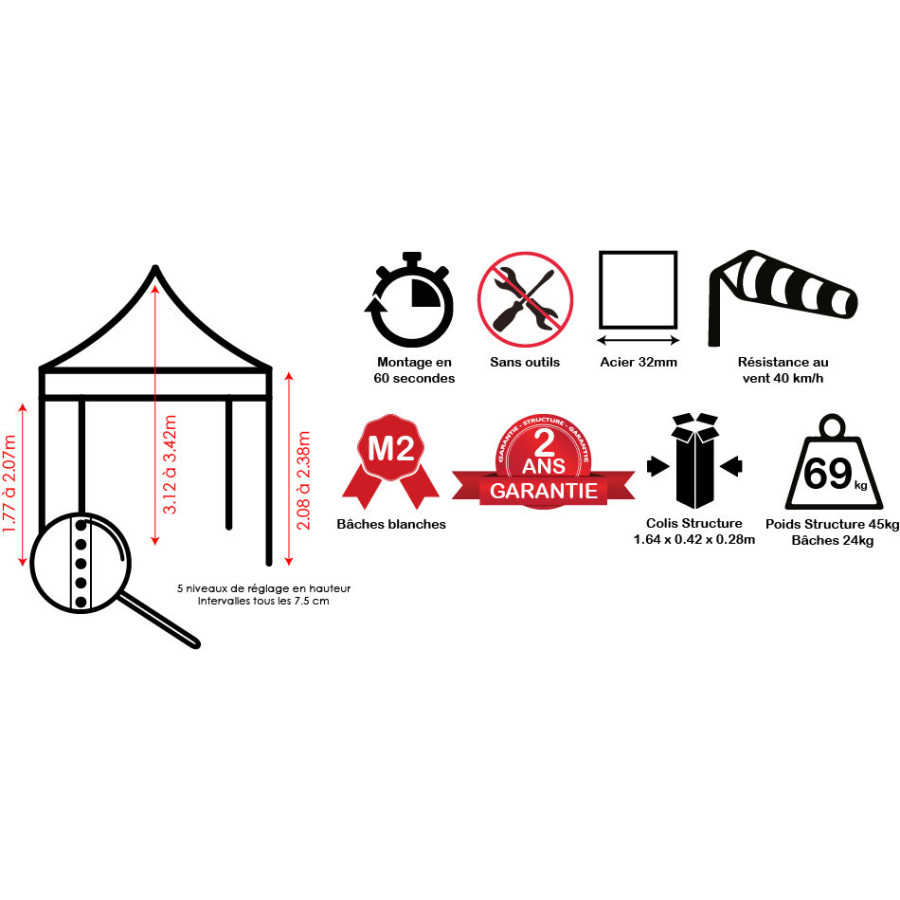 Tente Acier 32 - 3x6m - avec cotés 