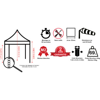 Tente Acier 32 - 3x6m - avec cotés 